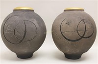 Pair Vintage Raku Studio Pottery Spherical  Vases