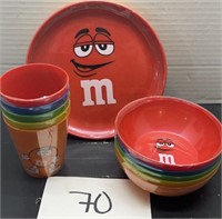 (5) pc set; M&M Plates, Cups & Bowls