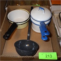 VINTAGE ENAMELWARE POTS, DOUBLE POT, LADLE