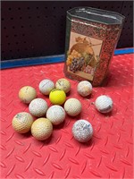 old golf balls and tin