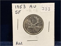 1953 Canadian Silver 25 Cent Piece  AU