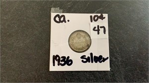 1936 Canadian Silver 10 Cent Coin