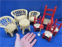 2 small sets of doll furniture (red & wicker)