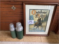 2 VINTAGE THERMOS & FRAMED OUTDOOR LIFE MOOSE