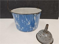 9"W Granite Ware Enamel   Blue Swirl Pan & Funnel