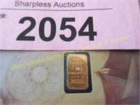 1/10th gram .999 pure gold bar in holder