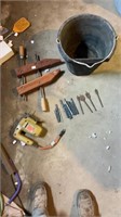 Drillbits, jigsaw wood clamp, and bucket