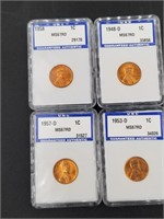 4 Graded wheat cents by UNC: all grades are MS67RD