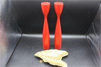 MCM Brass Leaf and Danish Wooden Candlesticks