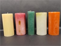 Five Pillar Candles, Orange, Red, Yellow, Greens
