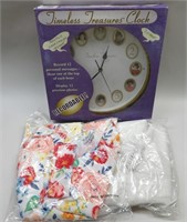 Lot w/ Recordable Clock & Round Tablecloths