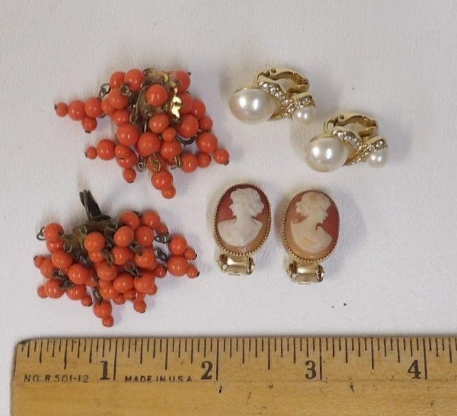 Clip Earrings - Cameos, Orange Glass, Faux Pearl