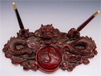 Asian Dragon Covered Inkwell w/ Pen Holders.