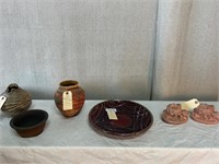 6pc Pottery: Plate, Vases, Flowers etc