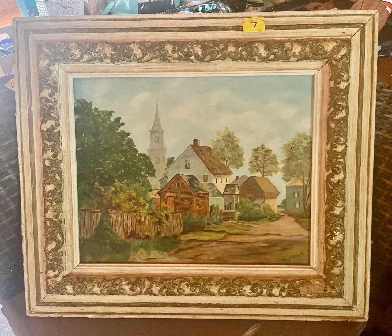framed village painting signed ornate frame