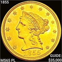 1855 $2.50 Gold Quarter Eagle CHOICE BU PL
