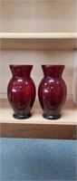 2 vintage deep red glass flower vases