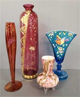 4 pcs. Victorian, etc art glass- 13" tallest
