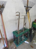 GARDEN TOOL HOLDER WITH TOOLS, RAKE, HOES PRUNERS