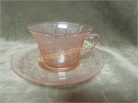 1930's Pink Cambridge Glass Etched Cup /saucer