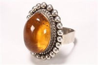 Mexican Oversized Sterling Silver and Amber Ring,