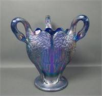 Imperial IG Blue Three Swans Carnival Glass Vase