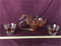 Art Glass Swan And 2 Autumn Glass Pots