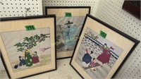 3 Oriental Embroidered Pictures On Silk. 23x16"