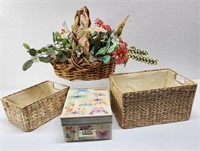 2 Wicker Baskets, Cloth Lined, Wicker Basket with