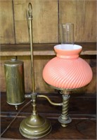 Antique Brass Student Lamp w/ Peach Ribbed Shade