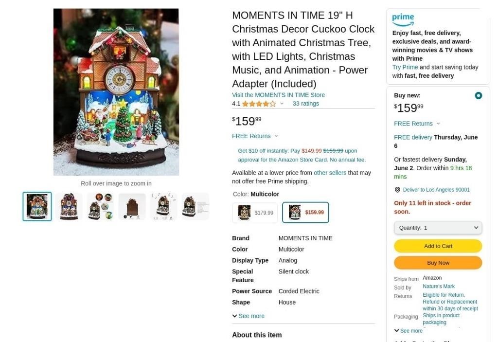 W4789  Moments in Time 19" Christmas Cuckoo Clock
