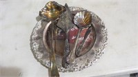 2 SILVER PLATED CHARGERS & 4 SERVING UTENSILS