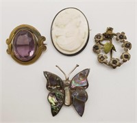 (KC) vtg Brooches - Cameo, Abalone, and CZ (1" to
