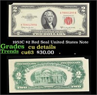1953C $2 Red Seal United States Note Grades cu det