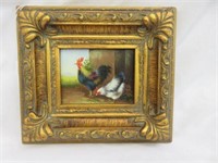 ORNATE FRAMED OIL ON BOARD "ROOSTER AND CHICKEN"