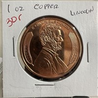 1OZ COPPER BULLION ROUND LINCOLN