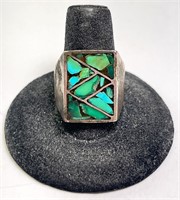 Vintage Large Sterling Men's Turquoise Inlay Ring