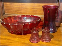 Red Glass Bowl, Vase & Sconces