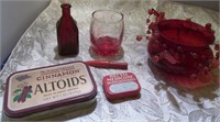 Vtg Red Wheaton Medicine Bottle, Tins, Bowl