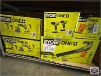 RYOBI lot of 5 tools contents on the shelf