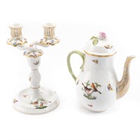 Herend porcelain 2-light candelabra & teapot