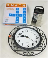 Clock, Smath game and cheese grater