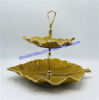 California Pottery USA Green Leaf & Gold 2 Tier