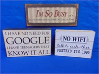 (3) Tin & Wood Novelty Signs Google, Wifi, So Busy