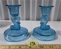 2 Dolphin Fish Blue Clear Glass Candle Holders