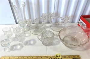 Lot of Clear Glass: Candle Holders, Bowl