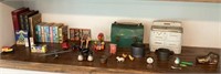 Shelf lot includes vintage play toys, figurines,