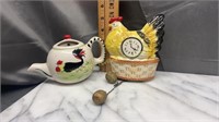 Hen on nest and rooster teapot wall pockets