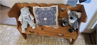 Wood Bench with Dolls & Decorative Pillow