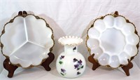 Vtg. Milk Glass "Violets" Vase + Anchor Egg Plate+